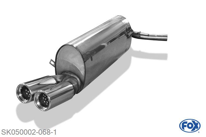 SK050002-068, Skoda Fabia Typ 6Y2/ 5J - 3/5-turig 1.0l 37kW 1.2l 40/44/47/51kW 1.4l 44/50/59/63/74kW 1.6l 77kW 1.4l TDI 51/55/59kW 1.9l SDI 47kW 1.9l TDI 74/77kW, Einddemper met eindstuk 2x76mm  Type 13 50mm Buisdiameter Geheel RVS, Absortie demper, mooie diepe sound, Met E-keur