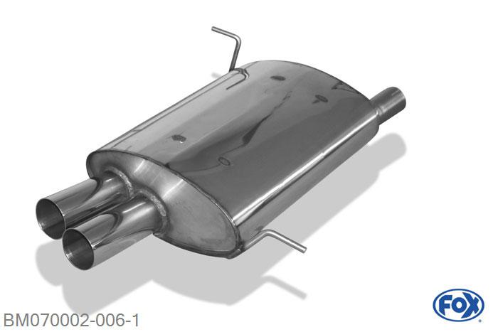 BM070002-006, BMW Z3 Roadster - E36 2.0l 110kW (ab 1999) und 2.8l 141kW (bis 9/1998), Einddemper met eindstuk 2x70mm  Type 10 63,5mm Buisdiameter Geheel RVS, Absortie demper, mooie diepe sound, Met E-keur