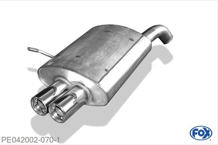 PE042002-070, Peugeot 407 - 2,2l 16V 2.2l 16V 116/120kW, Einddemper met eindstuk 2x80mm  Type 13 60mm Buisdiameter Geheel RVS, Absortie demper, mooie diepe sound, Met E-keur