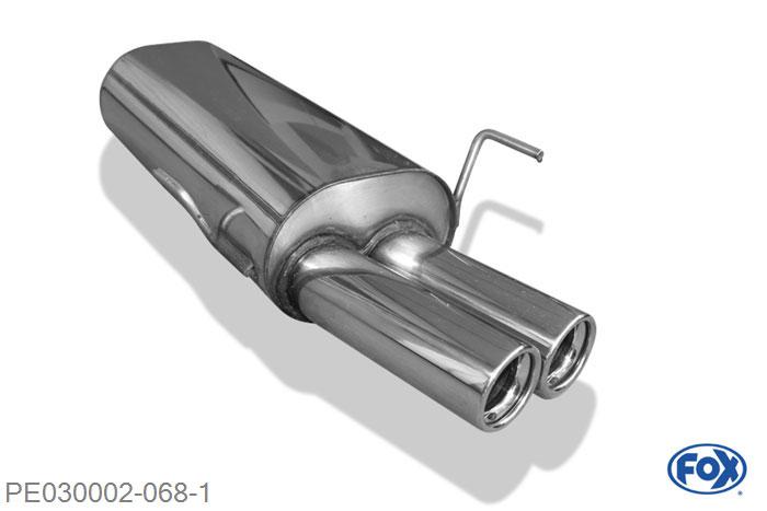 PE030002-068, Peugeot 306 1.1l 44kW 1.4l 55kW 1.6l 65kW, Einddemper met eindstuk 2x76mm  Type 13 50mm Buisdiameter Geheel RVS, Absortie demper, mooie diepe sound, Teilegutachten (eintragungspflichtig)