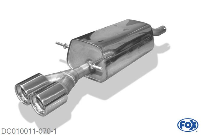 DC010011-070, Dacia Logan Limousine Benzin 1.4l 55kW 1.6l 64/77kW, Einddemper einseitig - 2x80mm  Type 13 Geheel RVS, Absortie demper, mooie diepe sound, Met E-keur