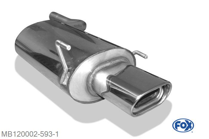 MB120002-593, Mercedes CLK Typ 208 2.0l 100kW 2.0l K 120kW 2.3l K 142kW, Einddemper met eindstuk 135x80mm  Type 53 Geheel RVS, Absortie demper, mooie diepe sound, Met E-keur