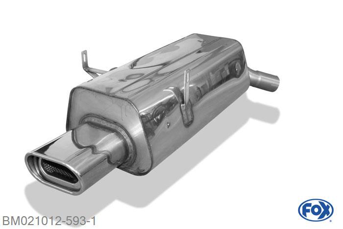 BM021012-593, BMW E36 316/ 318/ 320/ 323/ 325/ 328 1.6l 75kW 1.8l 83/85kW 2.0l 110kW 2.5l 120/125kW 2.5l 141kW 2.8l 142kW, Einddemper met eindstuk 135x80mm  Type 53 55mm Buisdiameter Geheel RVS, Absortie demper, mooie diepe sound, Met E-keur
