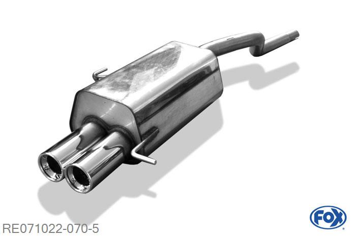 RE071022-070, Renault Clio II B 1.2l 43/55kW 1.4l 55/70/72kW 1.6l 66/79kW 2.0l 16V 124kW 1.5l D 42/48/60kW 1.9l D 40/47/59kW, Einddemper met eindstuk 2x80mm  Type 13 55mm Buisdiameter Geheel RVS, Absortie demper, mooie diepe sound, Met E-keur