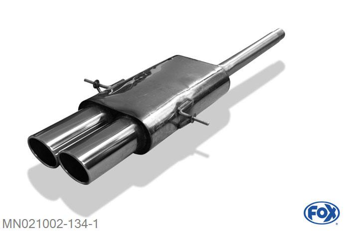 MN021002-134, Mini Cooper S R56 1.6l 128kW, Einddemper met midden uitgang - 2x100mm  Type 16 63,5mm Buisdiameter Geheel RVS, Absortie demper, mooie diepe sound, EG-Gutachten (eintragunsgfrei)