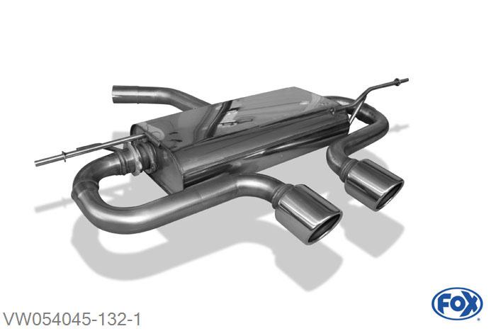 VW054045-132, VW Golf V 1.4l 55/59/66kW 1.6l 75/85kW 2.0l FSI 110kW 1.9 TDI 66/77kW 2.0l SDI 55kW 2.0l TDI 100/103kW, Einddemper met midden uitgang R32-Design - 2x90mm  Type 16 midden 55mm Buisdiameter Geheel RVS, Absortie demper, mooie diepe sound, Met E-keur