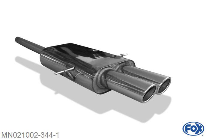 MN021002-344, Mini Cooper S R56 1.6l 128kW, Einddemper met midden uitgang - 2x88x74mm  Type 32 63,5mm Buisdiameter Geheel RVS, Absortie demper, mooie diepe sound, EG-Gutachten (eintragunsgfrei)