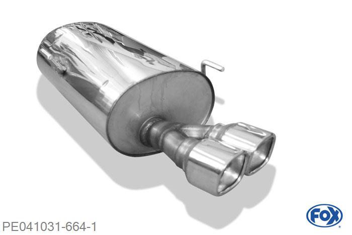 PE041031-664, Peugeot 406 Break 3.0l 24V 140kW 3.0l V6 152kW, Einddemper met eindstuk 2x88x79mm  Type 71 63,5mm Buisdiameter Geheel RVS, Absortie demper, mooie diepe sound, Met E-keur