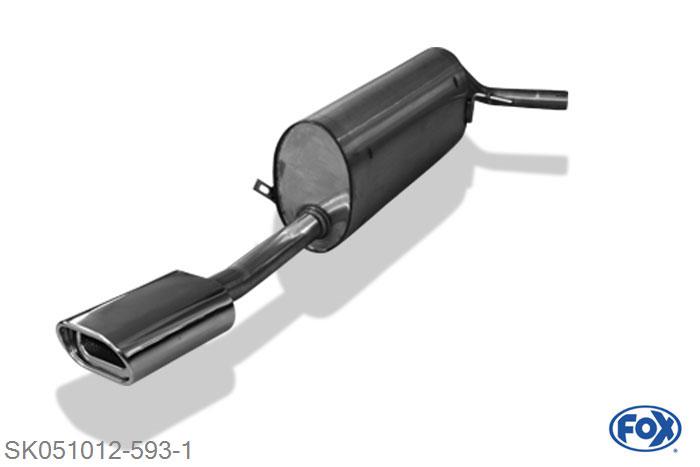 SK051012-593, Skoda Fabia Typ 5J - Combi 1.2l 44/51/63/77kW 1.4l 63kW 1.6l 77kW 1.2l TDI 55kW 1.4l TDI 51/59kW 1.6l TDI 55/66kW 1.9l TDI 77kW, Einddemper met eindstuk 135x80mm  Type 53 50mm Buisdiameter Geheel RVS, Absortie demper, mooie diepe sound, Met E-keur