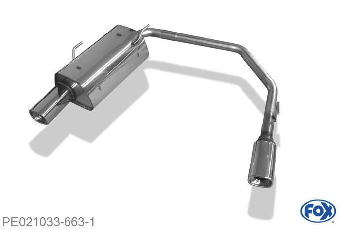 PE021033-663, Peugeot 206 Schragheck/ 206 CC 1.1l 40/44kW 1.4l 55kW 1.6l 65kW 1.6l 16V 80kW, Einddemper met uitgang rechts/links  - 88x79mm  Type 71 rechts/links Geheel RVS, Absortie demper, mooie diepe sound, Met E-keur