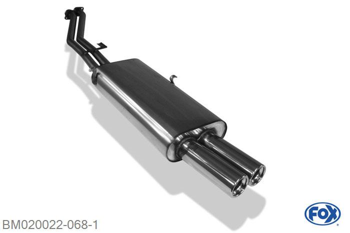 BM020022-068, BMW E30 320i/ 325i 2.0l 95kW 2.5l 125kW, Einddemper met eindstuk 2x76mm  Type 13 01c5X4kEs3o Buisdiameter Geheel RVS, Absortie demper, mooie diepe sound, Met E-keur