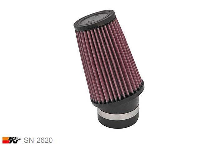 70mm aansluitdiameter, SN-2620, K&N Luchtfilter Universeel, Conisch, Lengte filter 152mm, Buitendiameter onder 102mm, Buitendiameter kap 76mm, Rubber kap, Lengte flens 51mm, 20 graden hoek, 0 mm