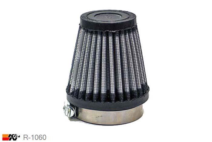 49mm aansluitdiameter, R-1060, K&N Luchtfilter Universeel, Conisch, Lengte filter 76mm, Buitendiameter onder 76mm, Buitendiameter kap 51mm, Rubber kap, Lengte flens 16mm, 0 mm