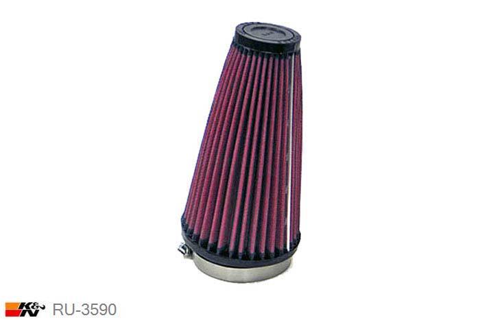 70mm aansluitdiameter, RU-3590, K&N Luchtfilter Universeel, Conisch, Lengte filter 178mm, Buitendiameter onder 102mm, Buitendiameter kap 51mm, Rubber kap, Lengte flens 25mm, 10 graden hoek, 0 mm
