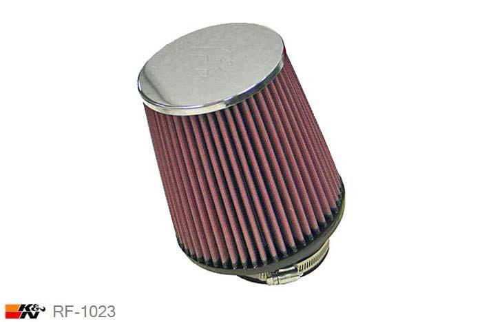 89mm aansluitdiameter, RF-1023, K&N Luchtfilter Universeel, Conisch, Lengte filter 152mm, Buitendiameter onder 146mm, Buitendiameter kap 114mm, Chroom kap, Lengte flens 44mm, 10 graden hoek, 0 mm