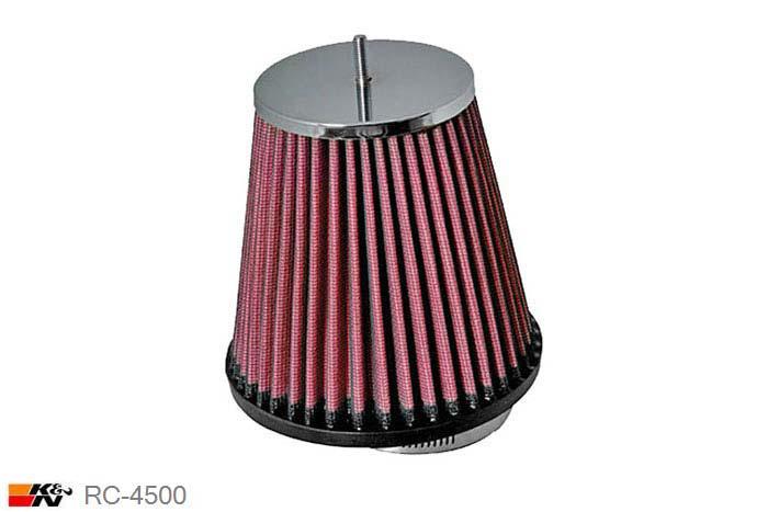 70mm aansluitdiameter, RC-4500, K&N Luchtfilter Universeel, Conisch, Lengte filter 130mm, Buitendiameter onder 132mm, Buitendiameter kap 89mm, Chroom kap, Lengte flens 19mm, 17 mm