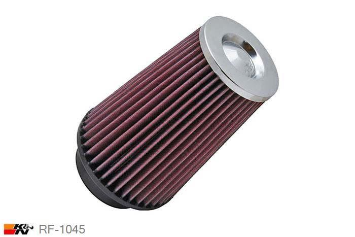 89mm aansluitdiameter, RF-1045, K&N Luchtfilter Universeel, Conisch, Lengte filter 203mm, Buitendiameter onder 140mm, Buitendiameter kap 102mm, Chroom kap, Lengte flens 32mm, 0 mm