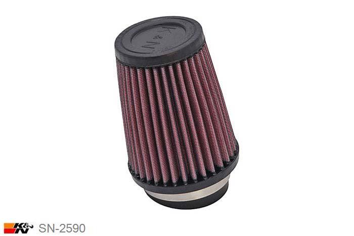 70mm aansluitdiameter, SN-2590, K&N Luchtfilter Universeel, Conisch, Lengte filter 127mm, Buitendiameter onder 102mm, Buitendiameter kap 76mm, Rubber kap, Lengte flens 25mm, 10 graden hoek, 0 mm