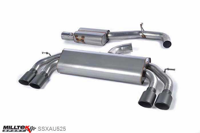 SSXAU525, Audi S/RS S3 2.0 TFSI quattro 3-Door 8V 2013- Milltek, Cat-back system, Non-Valved Race System. Resonated (quieter). Quad Oval Cerakote Black Tips , 3 inch, 76,2mm