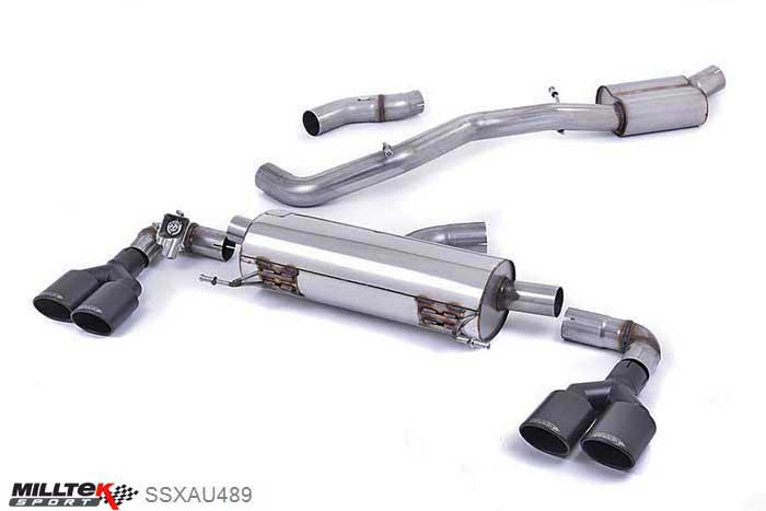 SSXAU489, Audi S/RS S1 2.0 TFSI quattro 2014- Milltek, Cat-back system, EC-Approved. Resonated (quieter). Quad Cerakote Black Oval Tips. Black Oval, 3 inch, 76,2mm