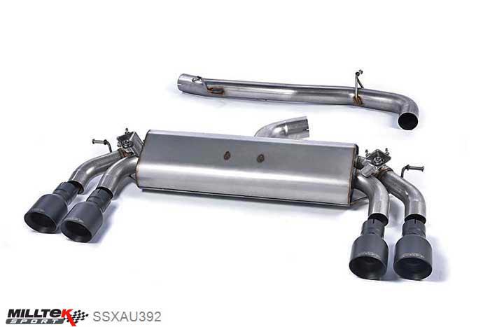 SSXAU392, Audi S/RS S3 2.0 TFSI quattro 3-Door 8V 2013- Milltek, Cat-back system, Non-resonated (louder). Quad Round Cerakote Black Tips Quad 100mm GT100, 3 inch, 76,2mm