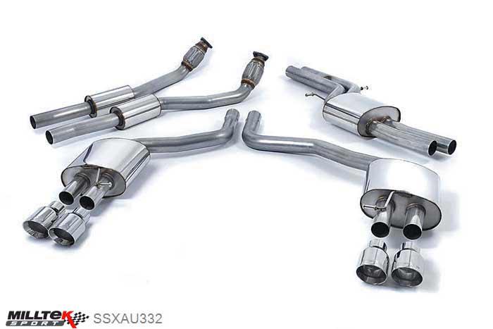 SSXAU332, Audi S/RS S7 Sportback 4.0 TFSI quattro S tronic 2012- Milltek, Cat-back system, Resonated (quieter) with Polished tips Quad 100mm GT100 Polished, 2,76 inch, 70mm