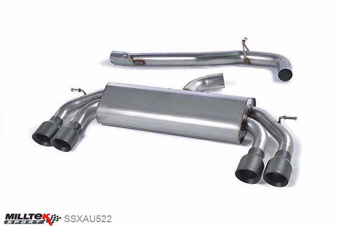 SSXAU522, Audi S/RS S3 2.0 TFSI quattro 3-Door 8V 2013- Milltek, Cat-back system, Non-Valved Race System. Non-resonated (louder). Quad Round Cerakote Black Tips Quad 100mm GT100 Cerakote Black, 3 inch, 76,2mm