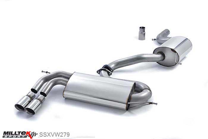 SSXVW279, VW Golf Mk5 GTi Edition 30 2.0T FSi 230PS 2006-2009 Milltek, Cat-back system, 3-inch Race System. Resonated (quieter). Polished Tips Twin 80mm GT80 Polished, 3 inch, 76,2mm