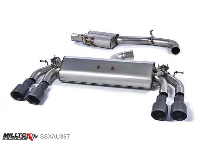 SSXAU397, Audi S/RS S3 2.0 TFSI quattro 3-Door 8V 2013- Milltek, Cat-back system, Resonated (quieter). Quad Round Cerakote Black Tips Quad 100mm GT100 Cerakote Black, 3 inch, 76,2mm