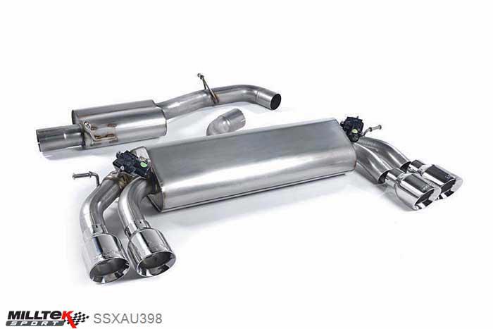 SSXAU398, Audi S/RS S3 2.0 TFSI quattro 3-Door 8V 2013- Milltek, Cat-back system, Resonated (quieter). Quad Round Polished Tips Quad 100mm GT100 Polished, 3 inch, 76,2mm