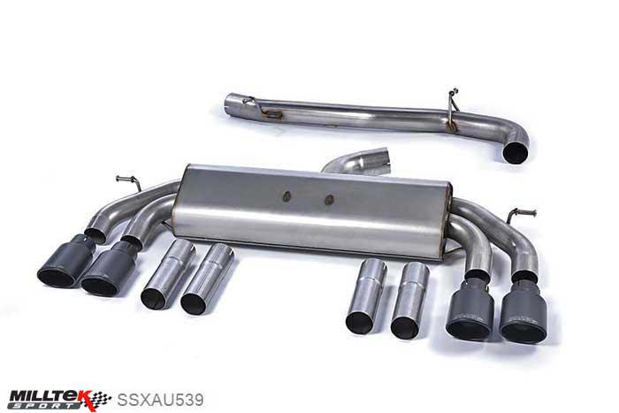 SSXAU539, Audi S/RS S3 2.0 TFSI quattro Saloon 8V 2013- Milltek, Cat-back system, Non-Valved Race System. Non-resonated (louder). Quad Oval Cerakote Black Tips , 3 inch, 76,2mm