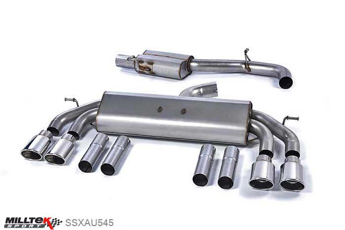 SSXAU545, Audi S/RS S3 2.0 TFSI quattro Saloon 8V 2013- Milltek, Cat-back system, Non-Valved Race System. Resonated (quieter). Quad Oval Polished Tips , 3 inch, 76,2mm