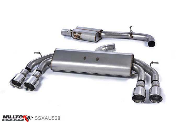 SSXAU528, Audi S/RS S3 2.0 TFSI quattro 3-Door 8V 2013- Milltek, Cat-back system, Non-Valved Race System. Resonated (quieter). Quad Round Polished Tips Quad 100mm GT100 Polished, 3 inch, 76,2mm