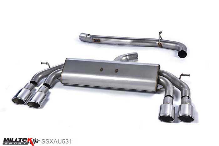 SSXAU531, Audi S/RS S3 2.0 TFSI quattro Sportback 8V 2013- Milltek, Cat-back system, Non-Valved Race System. Non-resonated (louder). Quad Oval Polished Tips 104x80mm Oval, 3 inch, 76,2mm