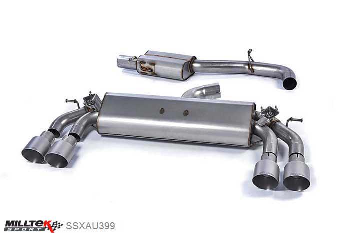 SSXAU399, Audi S/RS S3 2.0 TFSI quattro 3-Door 8V 2013- Milltek, Cat-back system, Resonated (quieter). Quad Round Titanium Tips Quad 100mm GT100 Titanium, 3 inch, 76,2mm
