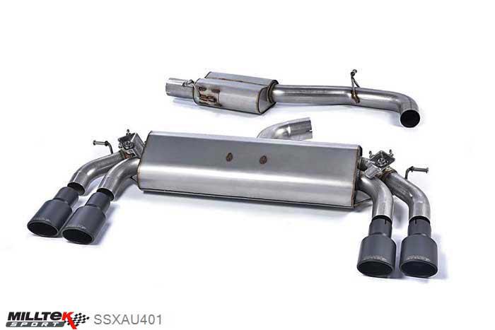 SSXAU401, Audi S/RS S3 2.0 TFSI quattro 3-Door 8V 2013- Milltek, Cat-back system, Resonated (quieter). Quad Oval Cerakote Black Tips , 3 inch, 76,2mm