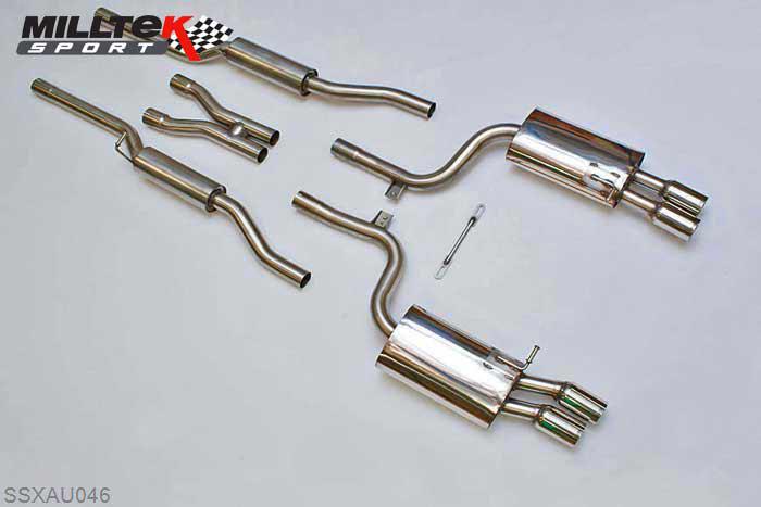 SSXAU046, Audi S/RS S4 4.2 V8 quattro B7 Saloon - Avant - Cabriolet 2004-2009 Milltek, Cat-back system, Resonated / Quad 76.2mm Tailpipes Twin 76.2mm Special, 2,25 inch, 57,15mm