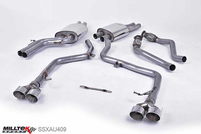 SSXAU409, Audi S/RS S5 Coupe and Cabriolet 3.0 TFSI B8.5 2011- Milltek, Cat-back system, Non-resonated (louder). Polished Quad-outlet Quad 100mm GT100 Polished, 2,37 inch, 60,3mm