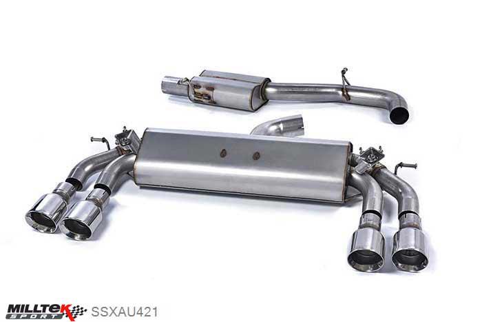 SSXAU421, Audi S/RS S3 2.0 TFSI quattro Sportback 8V 2013- Milltek, Cat-back system, Resonated (quieter). Quad Round Polished Tips Quad 100mm GT100 Polished, 3 inch, 76,2mm