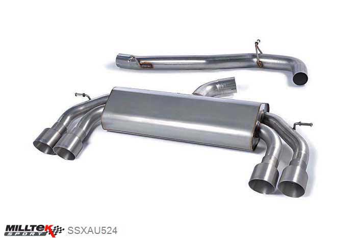 SSXAU524, Audi S/RS S3 2.0 TFSI quattro 3-Door 8V 2013- Milltek, Cat-back system, Non-Valved Race System. Non-resonated (louder). Quad Round Titanium Tips Quad 100mm GT100 Titanium, 3 inch, 76,2mm