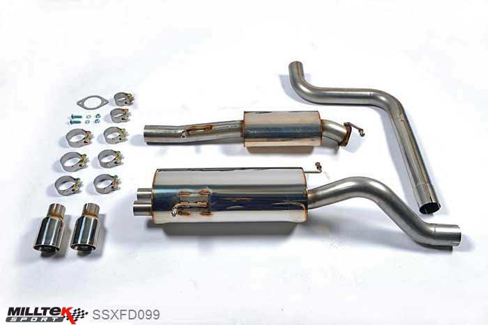 SSXFD099, Ford Fiesta ST 1.6 litre EcoBoost 182PS and ST200 2012- Milltek, Cat-back system, Resonated (quieter) with Polished Tips. EC-Approved Twin 80mm GT80 Polished, 2,75 inch, 69,85mm