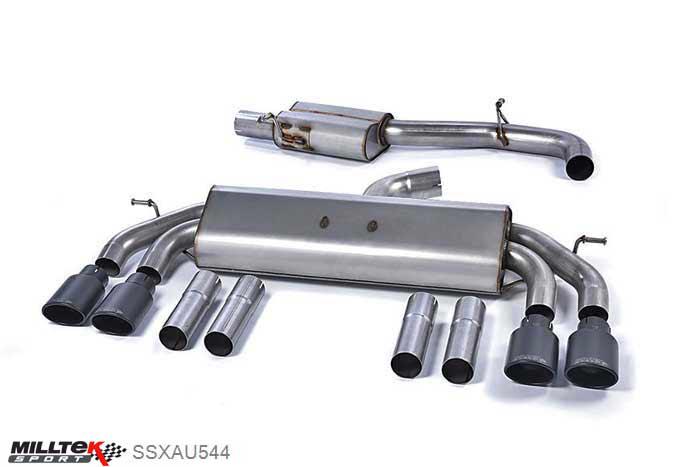 SSXAU544, Audi S/RS S3 2.0 TFSI quattro Saloon 8V 2013- Milltek, Cat-back system, Non-Valved Race System. Resonated (quieter). Quad Oval Cerakote Black Tips , 3 inch, 76,2mm