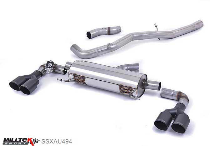 SSXAU494, Audi S/RS S1 2.0 TFSI quattro 2014- Milltek, Cat-back system, Non-resonated (louder). Quad Cerakote Black Round Tips Black GT90, 3 inch, 76,2mm