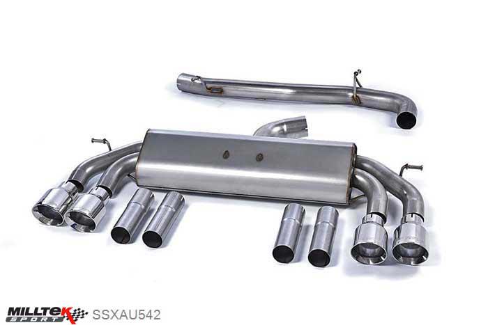 SSXAU542, Audi S/RS S3 2.0 TFSI quattro Saloon 8V 2013- Milltek, Cat-back system, Non-Valved Race System. Non-resonated (louder). Quad Round Polished Tips Quad 100mm GT100 Polished, 3 inch, 76,2mm