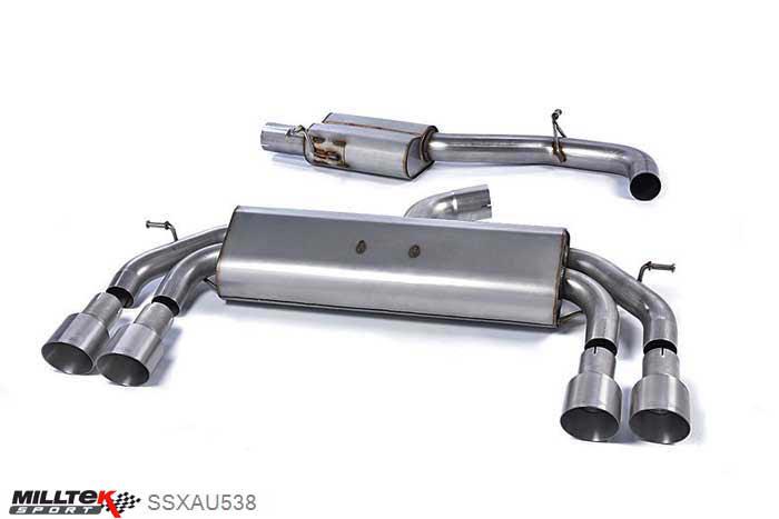 SSXAU538, Audi S/RS S3 2.0 TFSI quattro Sportback 8V 2013- Milltek, Cat-back system, Non-Valved Race System. Resonated (quieter). Quad Round Titanium Tips Quad 100mm GT100 Titanium, 3 inch, 76,2mm