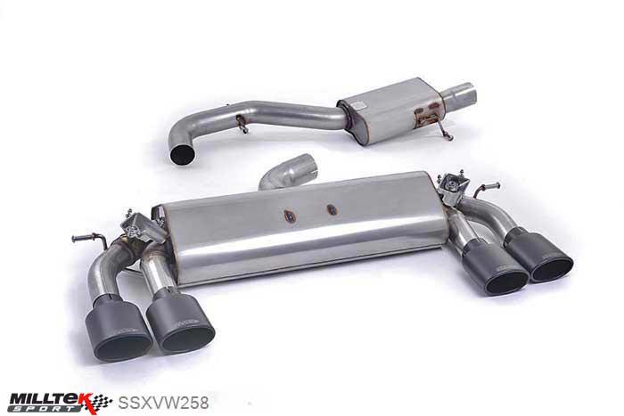 SSXVW258, VW Golf MK7 R 2.0 TSI 300PS 2014- Milltek, Cat-back system, Resonated (quieter). Cerakote Black Tips , 3 inch, 76,2mm