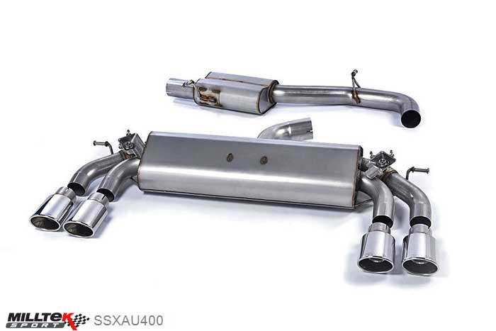 SSXAU400, Audi S/RS S3 2.0 TFSI quattro 3-Door 8V 2013- Milltek, Cat-back system, Resonated (quieter). Quad Oval Polished Tips , 3 inch, 76,2mm