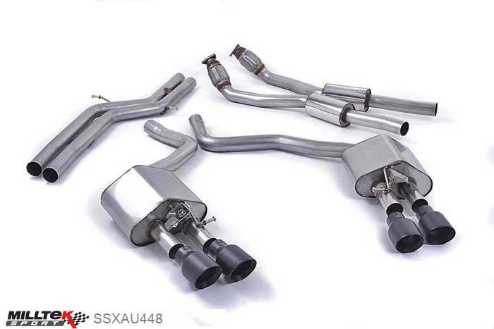 SSXAU448, Audi S/RS S7 Sportback 4.0 TFSI quattro S tronic 2012- Milltek, Cat-back system, Non-resonated (louder) with Cerakote Black tips. Some 2016 and later models have an updated valve location on one rear silencer meaning the wiring loom needs extending to accommodate. Quad 100mm GT100 Cerakote Black, 2,76 inch, 70mm