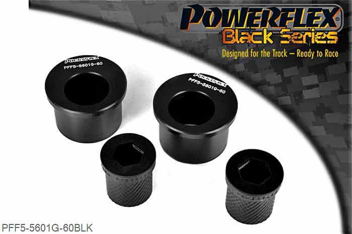 PFF5-5601G-60BLK, BMW E46 3 Series Compact Front Wishbone Rear Bush, Caster Offset, PFF5-5601G-60 offers additional +0.5 of caster over PFF5-5601-60 and is a high performance option to PFF5-4601-60, and aimed at offering greater precision for people wanting the very best from their E46 or Z4. Testing during the development of this bush has indicated stiffness gains of 190% compared with the original rubber bush. This new part, fitted to the rear of the front wishbone has a hard anodised aluminium outer shell with one of our unique low friction polyurethane centre bushes. The poly/alu combination creates a low friction rotating bush reducing the forces acting on the arm. Lower arm deflection has been decreased by reducing the compliant material within the aluminium shell. Results are less movement in the arm under cornering and braking, improving steering control and feel. PFF5-5601-60 is for the earlier models with 60mm bore mounting bracket. Please ensure you have the correct size bush before fitting. 60mm, 2 stuk(s) benodigd  per auto, 2 stuk(s) in verpakking, prijs per set van 2 stuk(s)