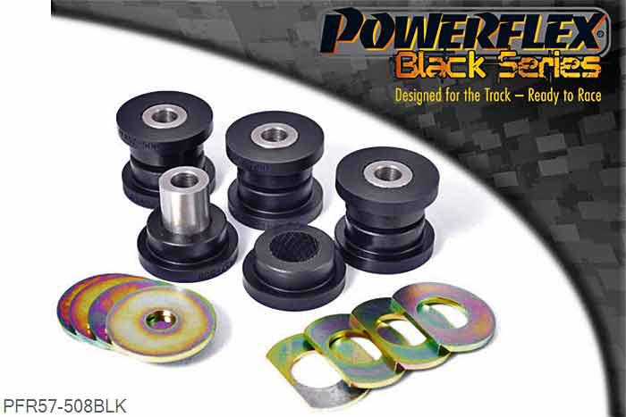 PFR57-508BLK, Porsche 996 (1997-2005) Rear Upper Link Arm Outer Bush, On some early 997 models (pre 2006) there is no supporting lug on the upright to the outside faces of the outer bushes. For these models use 4 x PFR57-508 outer bush & 4 x PFR57-509 for the inner bush. For cars with lugs use 8 x PFR57-509., 4 stuk(s) benodigd  per auto, 4 stuk(s) in verpakking, prijs per set van 4 stuk(s)